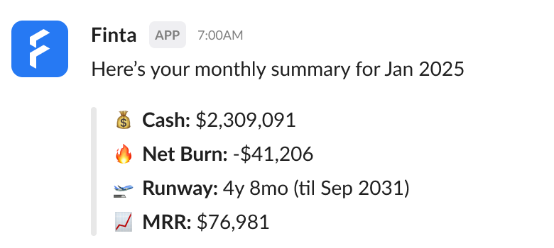 A Finta Slack message with a monthly summary of cash, net burn, runway and MRR